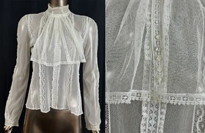 Vintage Edwardian Ivory Cream Net Lace Ruffle Jabot Collar High Neck Poet Blouse - Picture 1 of 2