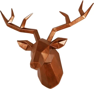 Deer Head Wall Decor Geometrical Antique Copper Deer Antler Wall Sculpture Faux - Picture 1 of 12