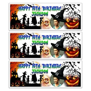 PERSONALISED HALLOWEEN BIRTHDAY BANNER PHOTO WITCH SCARY WALL DECORATIONS - Picture 1 of 2