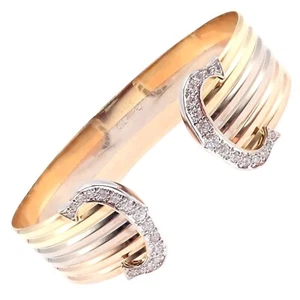 Authentic! Cartier 18k Tri-Color Gold Diamond Double C Wide Cuff Bangle Bracelet - Picture 1 of 10