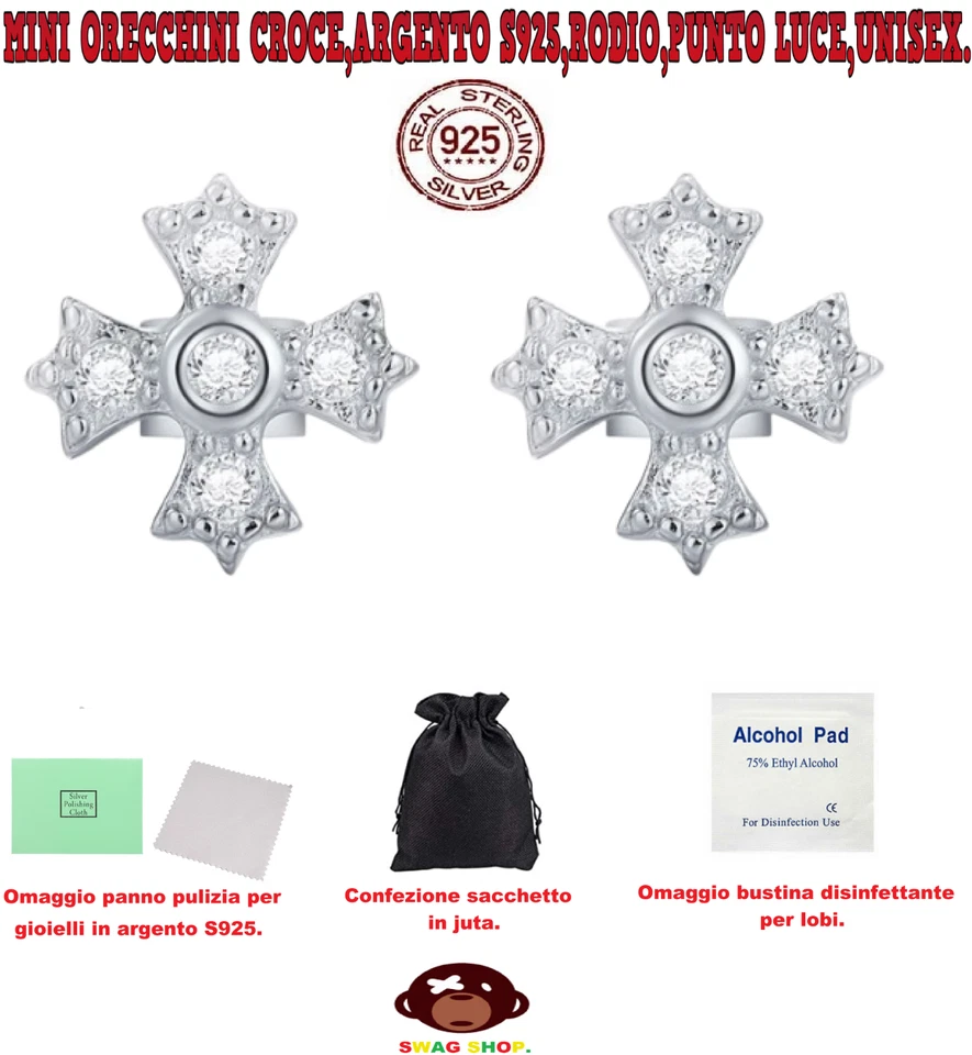 Orecchini Argento S925 Rodio Croce Unisex Punto Luce mini Silver Earrings Goth - Immagine 1 di 4