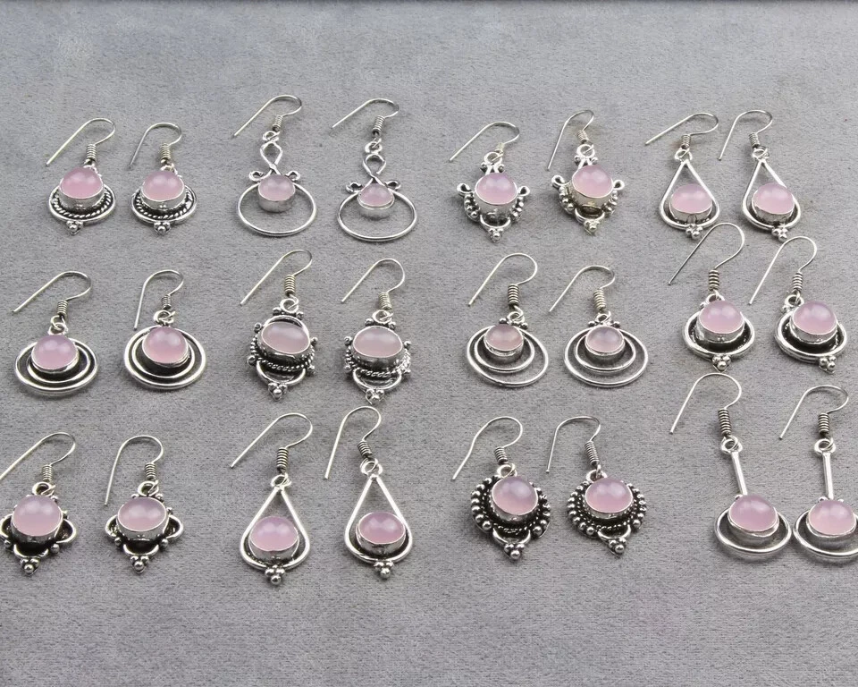 Impresionantes pendientes de aro de piedras preciosas de cuarzo rosa, pendientes enchapados en plata 925 hechos a mano ~ Foto 1 de 2