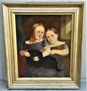 Antique Painting of Two Girls and Their Dog