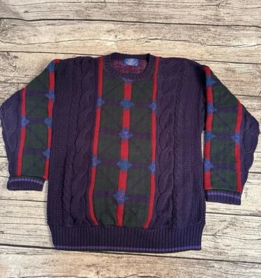 LOBO By Pendleton Sweater Men’s Large Navy Red Green Purple Cable Knit Argyle - Image 1 of 4