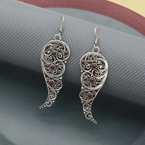 Feather Ring, Angel Wings Ring, Garnet Gemstone Earrings, Silver Plated Earrings - Picture 1 of 15