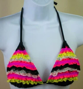 Mudd Ladies Halter Black Multi-Color Lace Ruffle Bikini Top Swimwear MSRP $28 - Picture 1 of 7