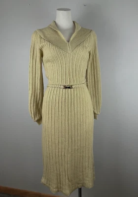 VTG 70s Venice Sweater Dress Golden Tan Belted Knit Curve Hugging 30s Style Sm - Image 1 of 4