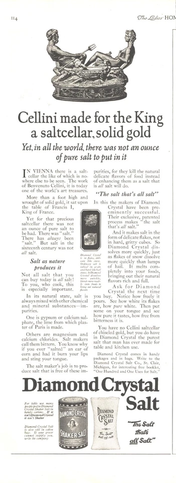 1922 Diamond Crystal Salt Antique Print Ad Cellini Solid Gold Saltcellar King - Image 1 of 1