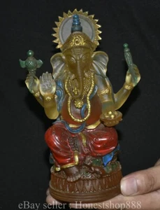 6.8" Marked Old Tibet Paintings Glaze 4 Arms Ganesha Elephant God Buddha Statue - Picture 1 of 12