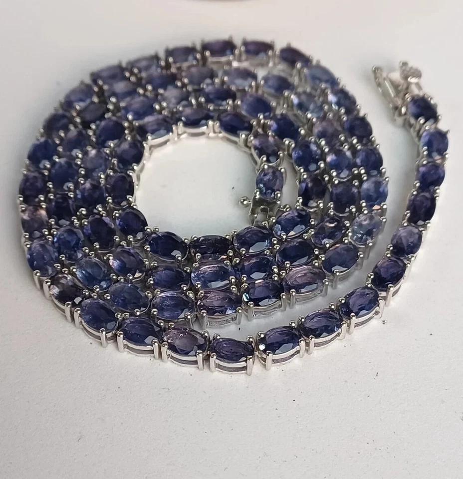 Collar Tenis Lujo 18" 26Ct Ovalado Creado Zafiro Oro Blanco 14K Sobre Mujer Foto 1 de 4