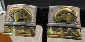 T. Singer Navajo Sterling Silver Brass Bear Earrings Signed 12.3g - Picture 1 of 6