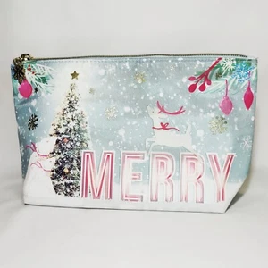 BBW Bath and Body Works Merry  Cosmetic Bag Reindeer Tree Embossed Snowflakes  - Picture 1 of 7