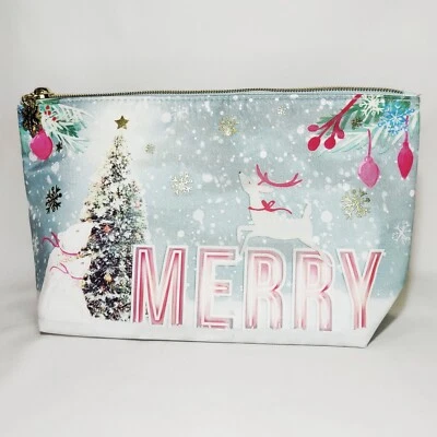 BBW Bath and Body Works Merry  Cosmetic Bag Reindeer Tree Embossed Snowflakes  - Изображение 1 из 4