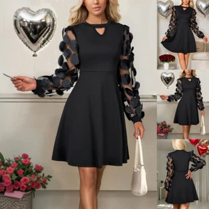 Women Mesh Long Sleeve Party Midi Dress Ladies Casual Loose A-Line Swing Dresses - Picture 1 of 19