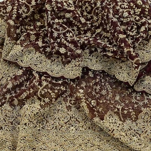 Vintage Heavy Wedding Maroon Dupatta Net Mesh Long Stole Hand Embroidered Scarf - Picture 1 of 23