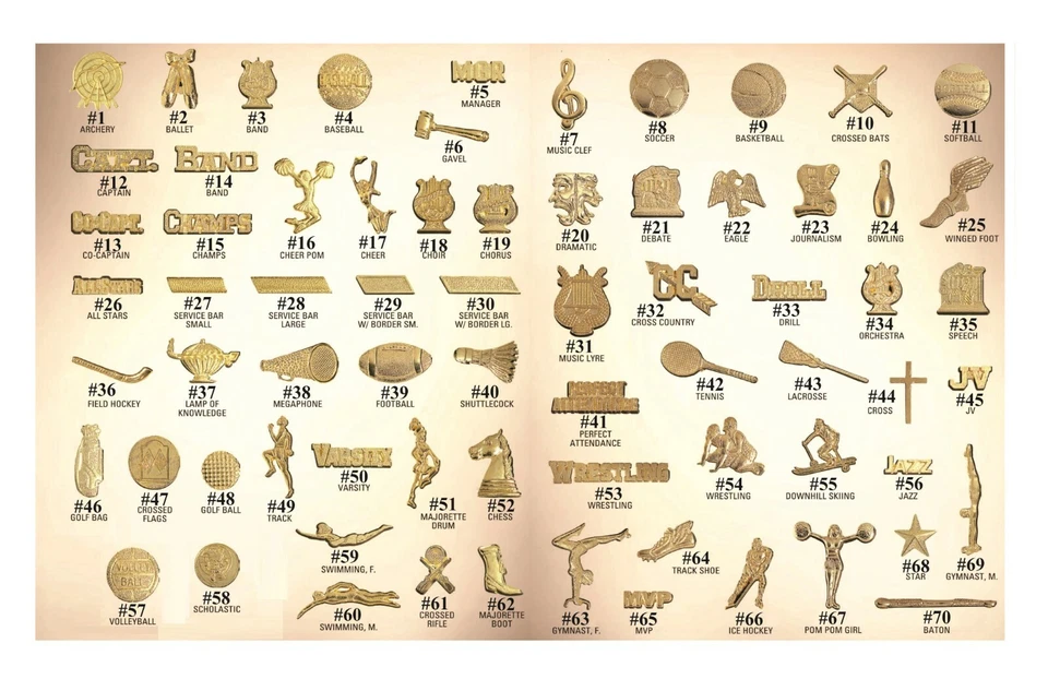 CHENILLE PINS VARSITY LETTERMAN JACKET SPORT ACADEMIC LAPEL PINS GOLD METAL - Image 1 of 1