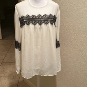 Twinset Women's XL Long Sleeve Lace Applique Blouse Cream Black Feminine Office - Picture 1 of 12
