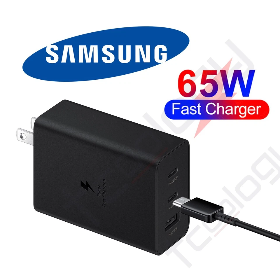 Adaptador de corriente trío Samsung T6530 65W PD3 cargador de pared súper rápido con cable USB-C Foto 1 de 4