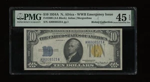 DBR 1934-A $10 North Africa Silver Fr. 2309 PMG 45 EPQ Serial A96938523A - Picture 1 of 2