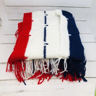 Manta afgana tejida a ganchillo hecha a mano roja blanca azul flecos regazo 42"x37" Foto 1 de 4