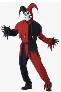 NEW Adult Evil Jester Costume Mans L Large 36-38 Hood Mask Suit Black Red - Picture 1 of 3