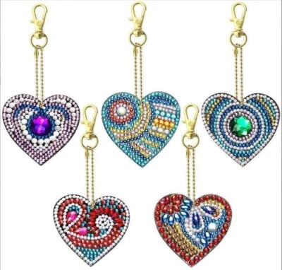 5 Pc 5D DIY Assorted Heart Design Diamond Art Keyrings by Numbers Kit UK COMPANY - Image 1 of 2
