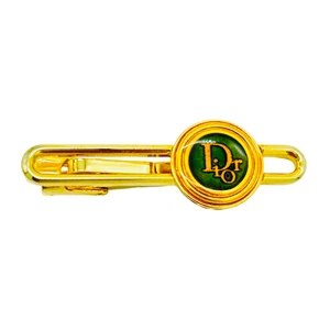 Christian Dior Tie Clip Gold Tone Green Enamel Logo Design Men's Accessory - Picture 1 of 20