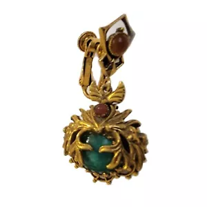 Vintage Vandome grüne Jade Glas Käfig goldfarbene Ohrhänger Clip Ohrringe - Bild 1 von 7
