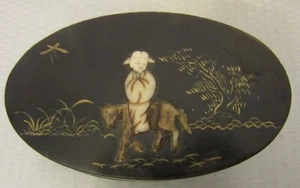 Antique Japanese Black Lacquer Trinket Snuff Box Relief Carved Boy on Donkey - Picture 1 of 7
