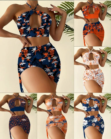 Denver Broncos Womens 2Pcs Cutout Swimsuit Halter Bikini Set W/Cover Up Skirt Cover
