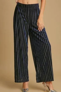 Umgee Plus Size Pull-On Elastic Waist Striped Wide Leg Velvet Pants in Navy Blue - Picture 1 of 5