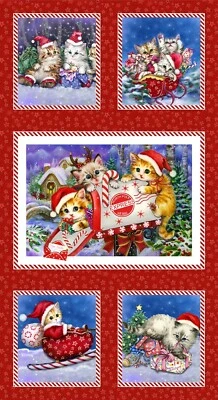 Feline Drive Fabric KITTEN CHRISTMAS Cat Block Panel Studio E Sold by the Panel - Image 1 of 4