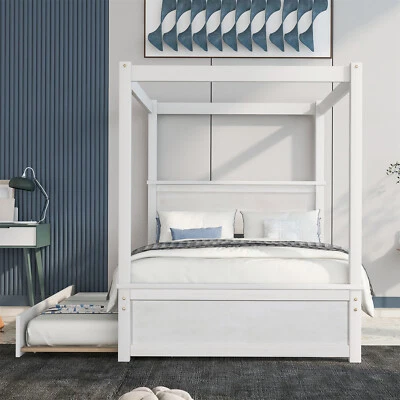 Full Size Canopy Bed with Trundle Wooden Platform Bed Frame Headboard White US - Image 1 of 4