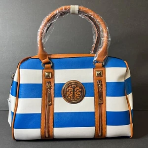 Brand new large blue and white striped zippered satchel with double handles - Picture 1 of 16