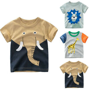 Kids Boys Girls Elephant Lion Giraffe Summer Print Short Sleeve T-Shirt Crewneck
