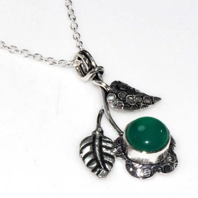 叶子圆形绿玛瑙 925 镀银项链 17 英寸女式珠宝 GW — 第 1/3 张图片