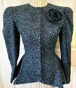 VTG 80’s RAUL BLANCO Couture 100% Silk Peplum Puff Sleeve Jacket Big Shoulders-6 - Picture 1 of 8