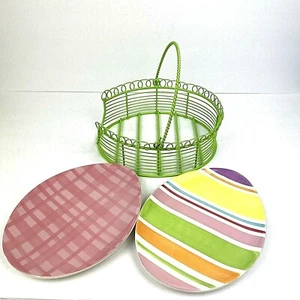 Target Home EASTER Pink Striped Multi Color Egg-Shaped Ceramic Plates 2 Holder - Picture 1 of 8