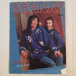 1990 Vtg Bernat Family Denims Sweaters Knitting & Crochet Pattern Book No. 1427 - Picture 1 of 24