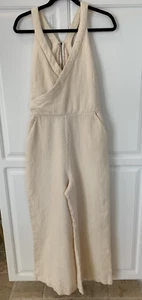 Anthropologie Demi Cream Ivory Textured Wide Leg Tie Pockets Jumpsuit Size 14 - Picture 1 of 19