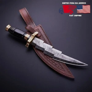 Custom Handmade Damascus Steel Hunting Knife, Black Horn and Brass Handle, Uniqu - Picture 1 of 10