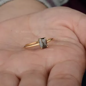 Emerald Cut Pepper & Salt Diamond Solid 14K Yellow Gold Ring Minimalist Jewelry - Picture 1 of 9