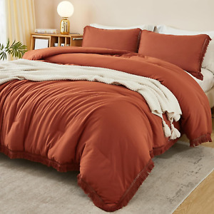 Terracotta King Size Comforter Set, Boho Tassel Burnt Orange Comforter Aesthetic