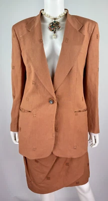 Apropos Nuevo 8 US 44 IT M Marrón Lino 2 Piezas Traje Blazer Chaqueta Abrigo Falda Envolvente Foto 1 de 4