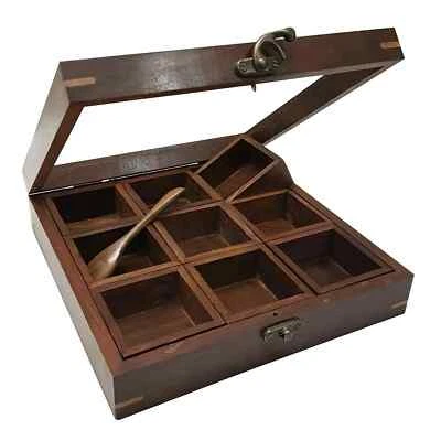 Caja de especias de cocina de madera/caja Masala de madera utilidad Masala caja/tapa de vidrio Foto 1 de 4