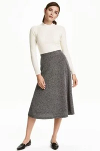 H&M Black White Marl Midi Skirt Size 12 Textured Woven High Waist A-line Zip M - Picture 1 of 7