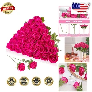 36 Pcs Hot Pink Silk Rose Bouquet - Lifelike Artificial Flowers for Weddings - Picture 1 of 9