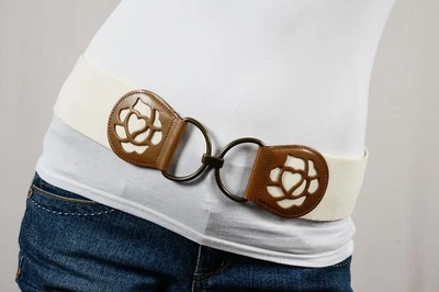 Old Navy Cream/Brown Floral Cut Out Stretch Waist Belt 32.5" - Image 1 of 4
