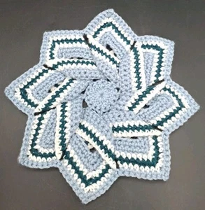 Vintage Handmade Crochet Hot Pad/Trivet/Pot Holder - Blue White Teal 10" - Picture 1 of 4