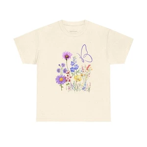 Watercolor Wildflower Butterfly Illustration–Cottagecore Botanical Art Tshirt - Picture 1 of 21
